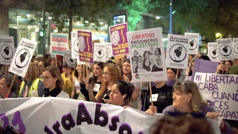 Women's Day demonstration, parade at Gran Via street in Murcia Stock Footage 235452989