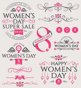 Women's Day design elements and sale badge. Stock Illustration