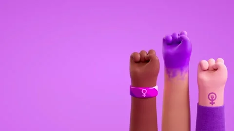Womens Day looping video with three diverse raised fists on a purple backgr.. Video stock 301240880