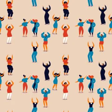 Womens Day seamless pattern of happy women dancing Illustrazione stock
