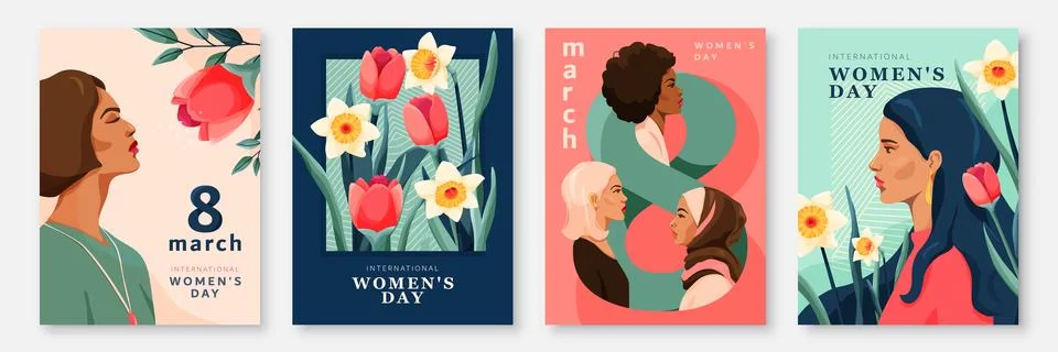 Womens day set vector background. 8 march poster with woman faces, spring Stock Illustration