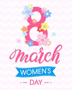 Women`s Day typography with different flowers and ribbon.Seasons greetings ca Stock Illustration