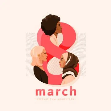 Womens day vector background. 8 march template concept with woman faces, big Stock Illustration