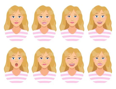 Women's emotions. Female face expression. Calm, smile, sadness, joy, surprise Stock Illustration