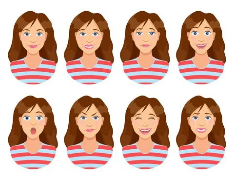 Women's emotions. Female face expression. Calm, smile, sadness, joy, surprise Stock Illustration