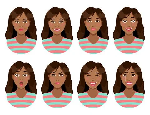 Women's emotions. Female face expression. Calm, smile, sadness, joy, surprise Stock Illustration