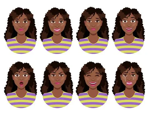 Women's emotions. Female face expression. Calm, smile, sadness, joy, surprise Stock Illustration