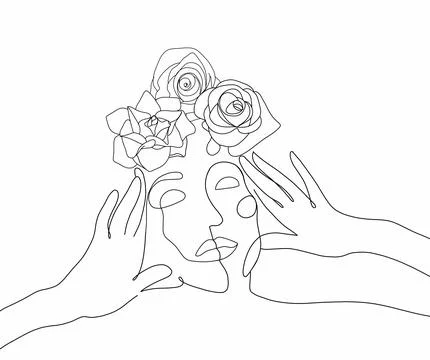 Women's faces in one line art style with flowers. Fashion outline contemporary Stock Illustration