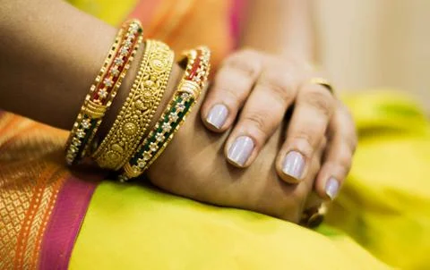 Women's hand with bangles Foto stock