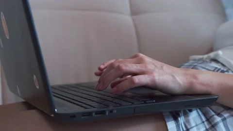 Women's hands close-up typing text on a laptop computer. A woman uses a laptop 스톡 동영상 139352251