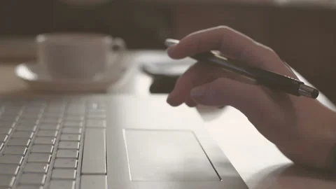 Women's hands control the patchpad. A girl holds a pen. Close-up. Hd Video stock 101432781