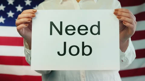Women's Hands Hold Poster Needed Work Amid American Flag Stock Footage 136723271