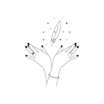 Womens hands with Magic celestial bird feather in simple line art style. Outline Stock Illustration