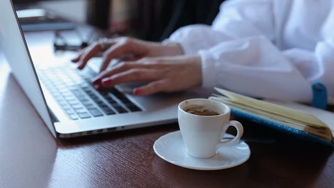 Women's hands, notebook, Notepad, coffee Cup, close-up Stock Footage 114484581