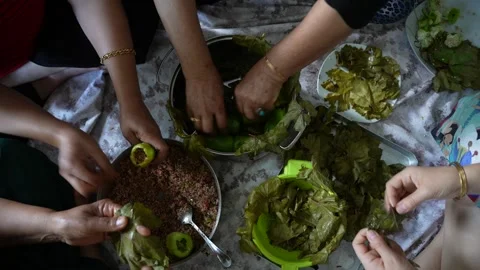Women's hands preparing stuffed vegetables. Top shot, close-up Stock Footage 297083936