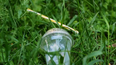 Women's hands remove the plastic cup from the grass, removing plastic Stock Footage 108054576