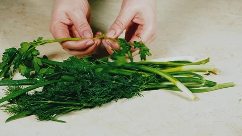 Women's hands sort out fresh parsley and onions for salad Stock Footage 103954119