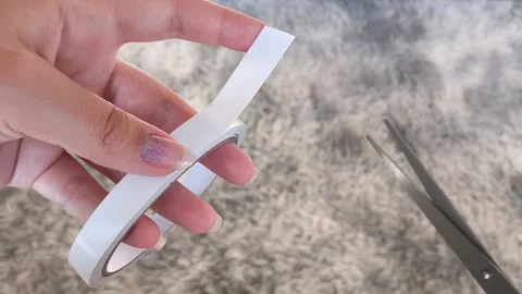 Womens hands use scissors to cut off double-sided tape. 動画素材 315152822
