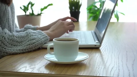 Women's hands work on a laptop in a cafe Stock Footage 170777485
