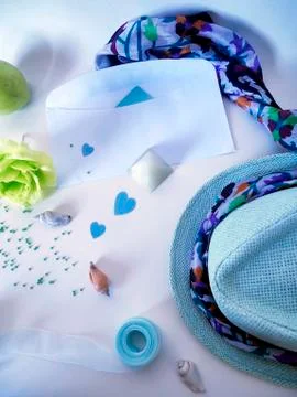 Women's hat, thread and colored paper for handwork Stock Photos