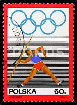 Women's javelin, 50 Anniversary of Polish Olympic Committee serie, circa 1969 Stock Photos