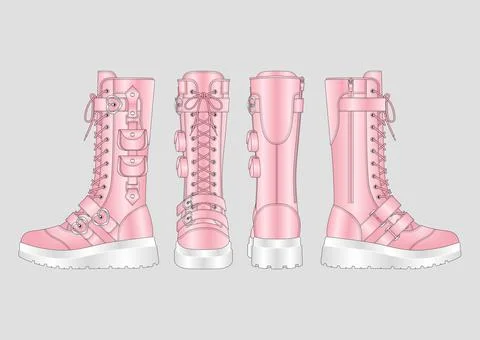Womens Pink Platform Boots Vector Mockups Heart Buckle Combat Flat Sketches Pack Illustrazione stock