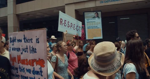Womens rights protest, march, rally with signs Stock Footage