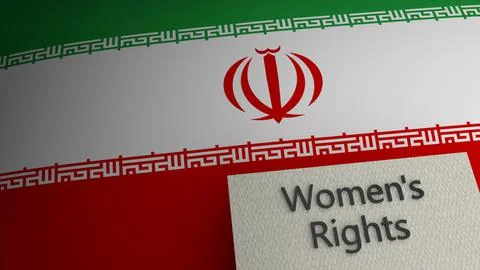 Women's rights text representation above the flag of Iran. 3d render. Stock Illustration
