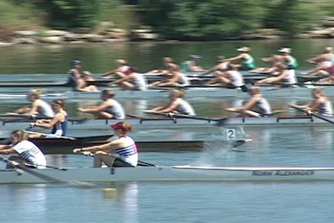 Womens rowing competition long shells from start Video stock 125498875