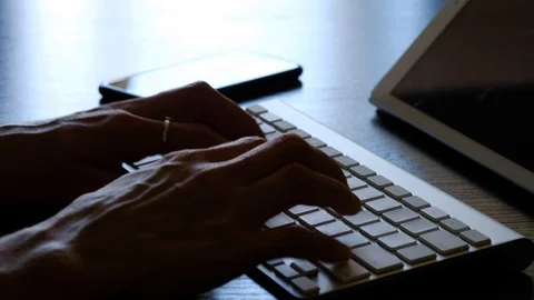 Women's singing on the keyboard, workplace background Stock Footage 93140283