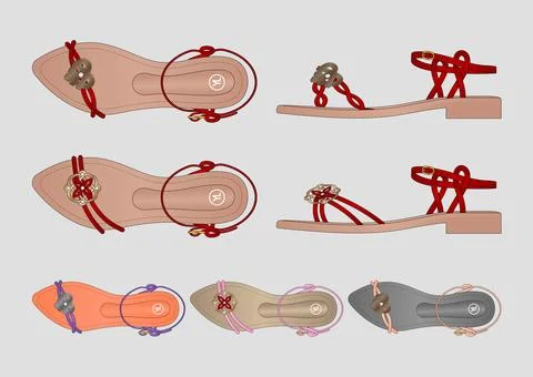 Women's Strappy Flat Sandal Vector Fashion Flat Sketch Multiple Colorways 스톡 일러스트