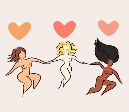 Women's unity concept. Happy plus size women with love tourself concept. Vect Stock Illustration