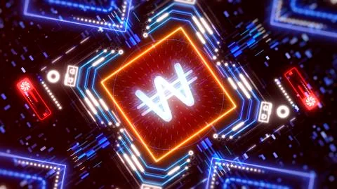 The Won money mining sign concept. Hi-tech cyber security theme illustration Illustrazione stock