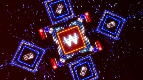 The Won money mining sign concept. Hi-tech cyber security theme illustration Illustrazione stock