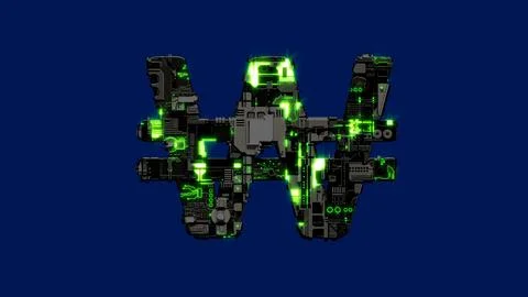 Won sign - dark distressed scrap metal alphabet with glowing green Stock Illustration