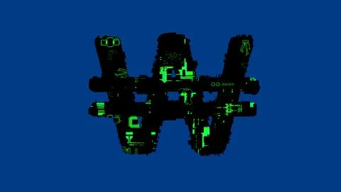 Won sign - high tech cyberpunk black and green alphabet on blue Stock Illustration