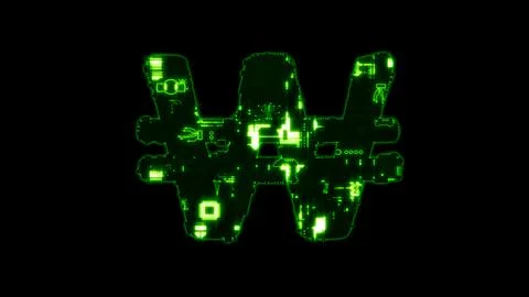 Won sign, shining hi-tech digital cyberpunk green alphabet on black Stock Illustration