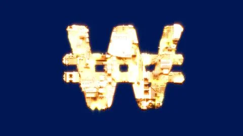 Won sign, technological burning orange cyber punk font on chroma key screen イラスト素材