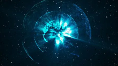 Wonderful 3d rendering of a soaring Earth covered with two see-through sphere Stock Illustration