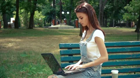 Wonderful brunette sitting on a bench with a laptop Stock Footage
