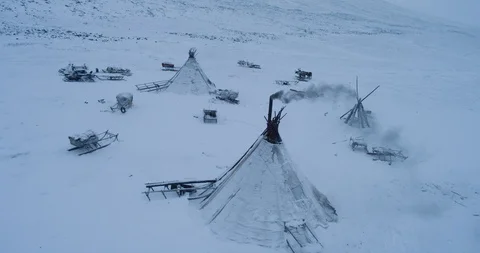 Wonderful capturing video of drone from the top of yurts in the middle of tundra Stock Footage 112082267