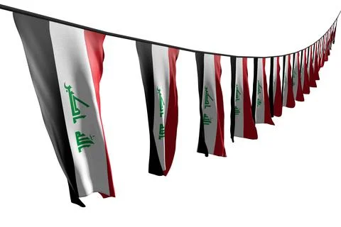Wonderful flag - many Iraq flags hangs diagonal on rope isolated Stock Illustration