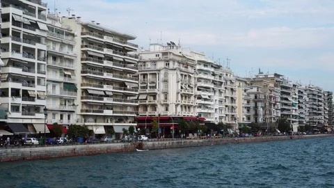 Wonderful panoramic seafront view on modern Thessaloniki building infrastructure Stock Footage 95393012