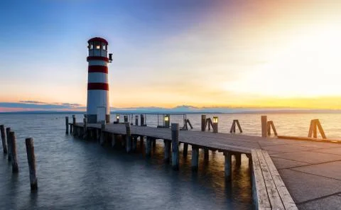 Wonderful Summer Sunset Impression of lighthouse at lake Neusiedl (Podersdorf Stock Photos