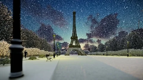 Wonderful view Eiffel Tower in Paris at sunset, snowing, panning Stock Footage 73546535