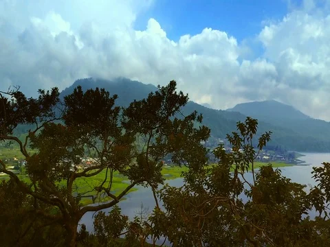 Wonderful view over the tree: mountains, lake at the foot of the volcano 스톡 동영상 81304562
