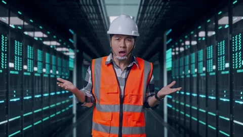 Wondering Engineer Saying Why Working Doubtfully in Data Center Video stock 321990759