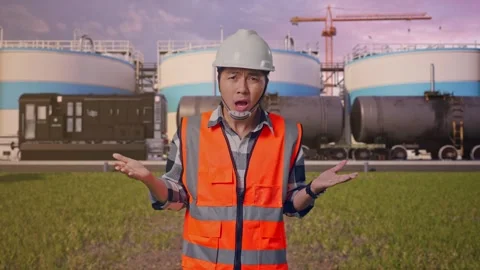 Wondering Engineer Saying Why Working Doubtfully at Oil Refinery Stock Footage 340139990