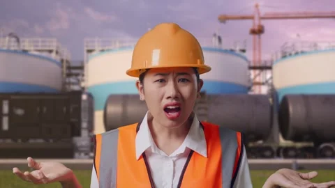 Wondering Engineer Saying Why Working Doubtfully at Oil Refinery Stock Footage 340143653