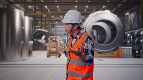 Wondering Engineer Saying Why Working Doubtfully at Heavy Factory Stock Footage 340817722